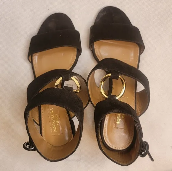 AQUAZZURA CAMEL SUEDE SAFARI LEATHER GOLD RING MID HEEL ANKLE STRAP  SANDALS