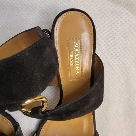 AQUAZZURA CAMEL SUEDE SAFARI LEATHER GOLD RING MID HEEL ANKLE STRAP  SANDALS