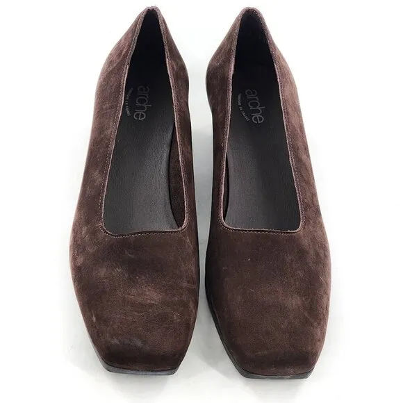 ARCHE Brown Nubuck Leather Square Toe Wedge Pumps Shoes