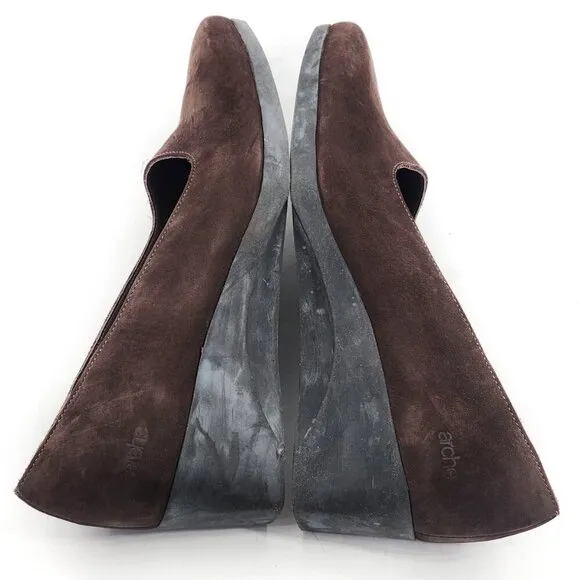 ARCHE Brown Nubuck Leather Square Toe Wedge Pumps Shoes