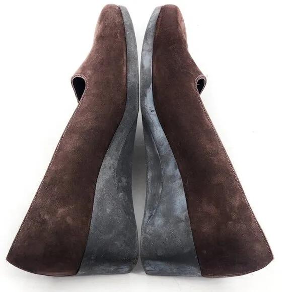 ARCHE Brown Nubuck Leather Square Toe Wedge Pumps Shoes
