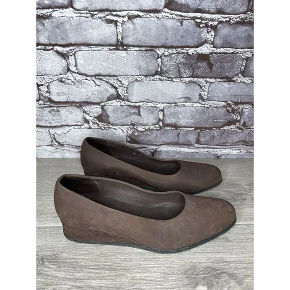 ARCHE Brown Nubuck Brown Leather Slip On Wedge Pumps Shoes Women Sz 40EU/9.5M US
