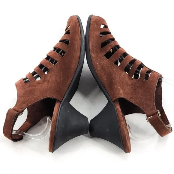 ARCHE Enexor Caged Brown Nubuck Peep Toe Wedge Heel Slingback Sandals