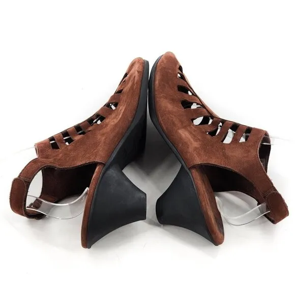 ARCHE Enexor Caged Brown Nubuck Peep Toe Wedge Heel Slingback Sandals