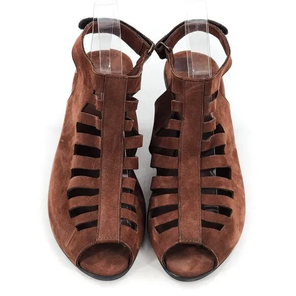ARCHE Enexor Caged Brown Nubuck Peep Toe Wedge Heel Slingback Sandals