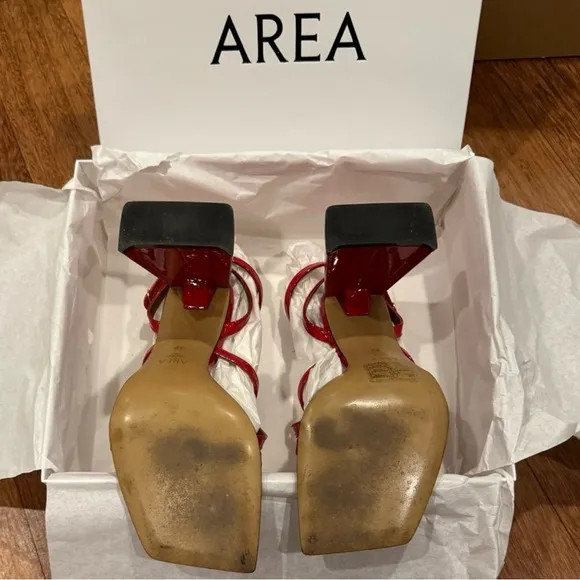 AREA NYC. AUTHENTIC. RED HIGH HEEL &quot;A&quot; SANDALS. RETAIL PRICE $630 USD.