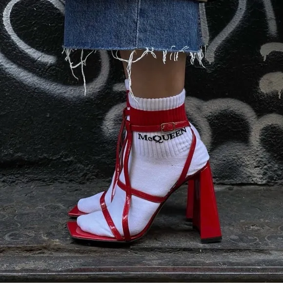 AREA NYC. AUTHENTIC. RED HIGH HEEL &quot;A&quot; SANDALS. RETAIL PRICE $630 USD.