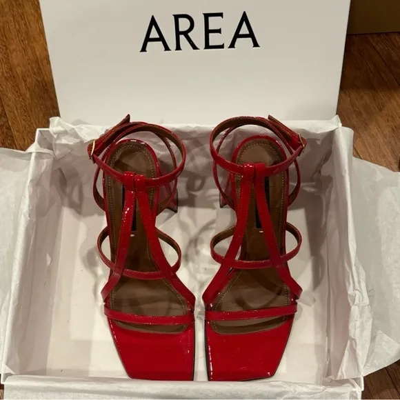 AREA NYC. AUTHENTIC. RED HIGH HEEL &quot;A&quot; SANDALS. RETAIL PRICE $630 USD.