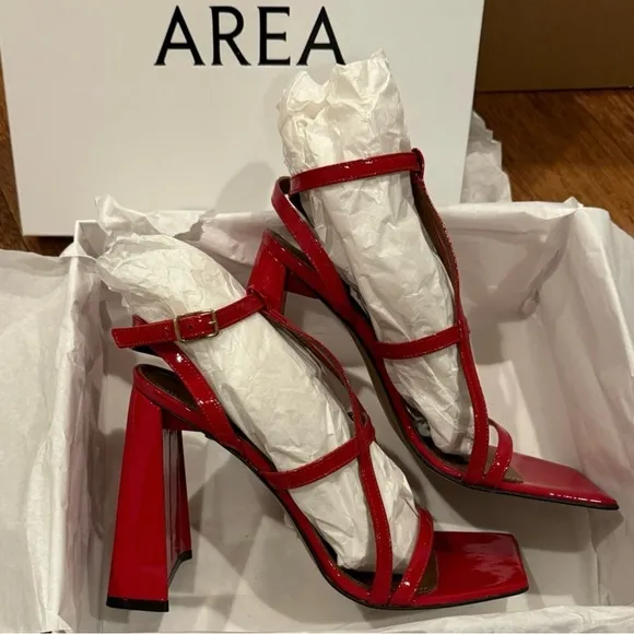AREA NYC. AUTHENTIC. RED HIGH HEEL &quot;A&quot; SANDALS. RETAIL PRICE $630 USD.