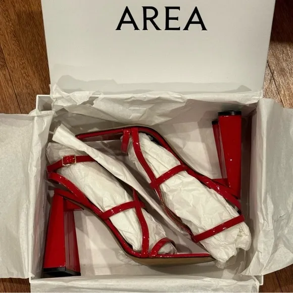 AREA NYC. AUTHENTIC. RED HIGH HEEL &quot;A&quot; SANDALS. RETAIL PRICE $630 USD.
