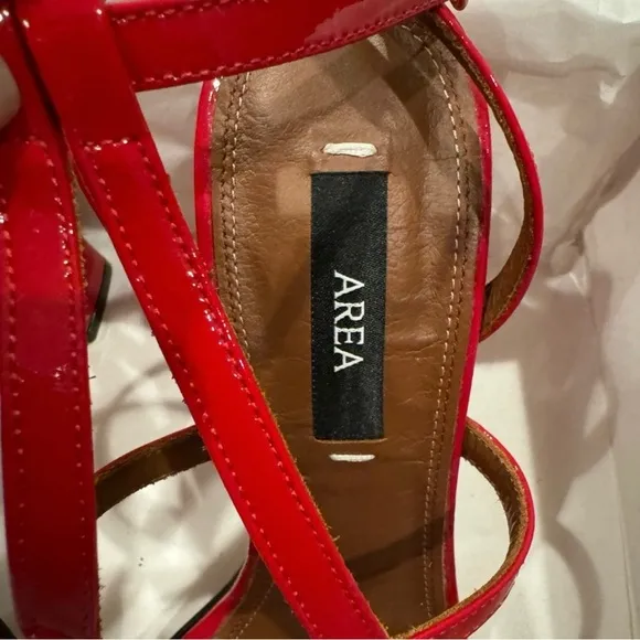 AREA NYC. AUTHENTIC. RED HIGH HEEL &quot;A&quot; SANDALS. RETAIL PRICE $630 USD.