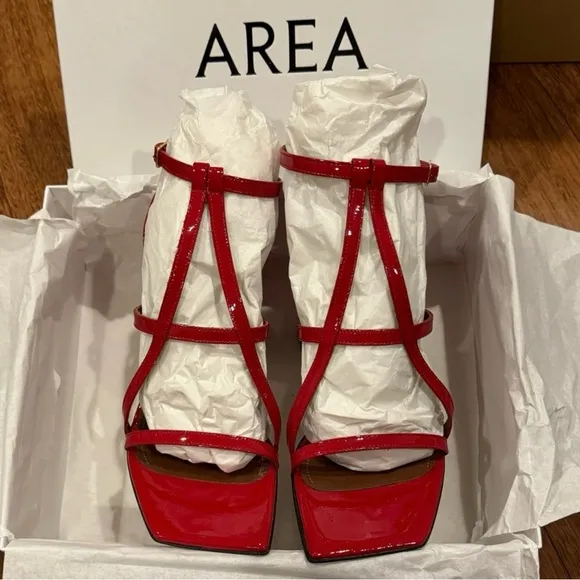 AREA NYC. AUTHENTIC. RED HIGH HEEL &quot;A&quot; SANDALS. RETAIL PRICE $630 USD.