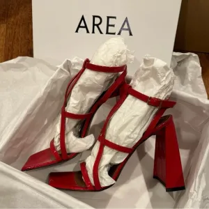 AREA NYC. AUTHENTIC. RED HIGH HEEL &quot;A&quot; SANDALS. RETAIL PRICE $630 USD.