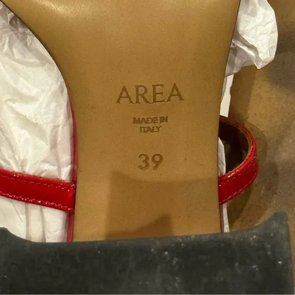 AREA NYC. AUTHENTIC. RED HIGH HEEL &quot;A&quot; SANDALS. RETAIL PRICE $630 USD.