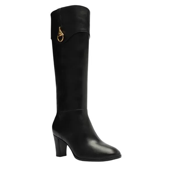 Arezzo Women's Vivian Leather Mid Block Knee High Boots Black Size 5 1/2
