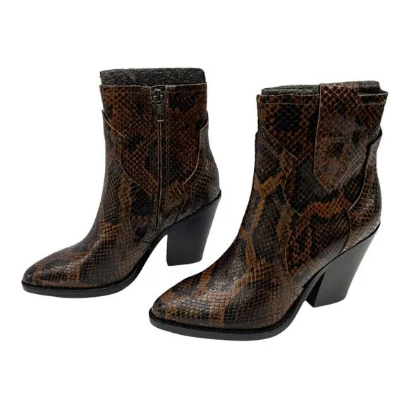 Ash Brown Snake Python Esquire Pointed Toe Leather Block Heel Calf Boots 36 US 5