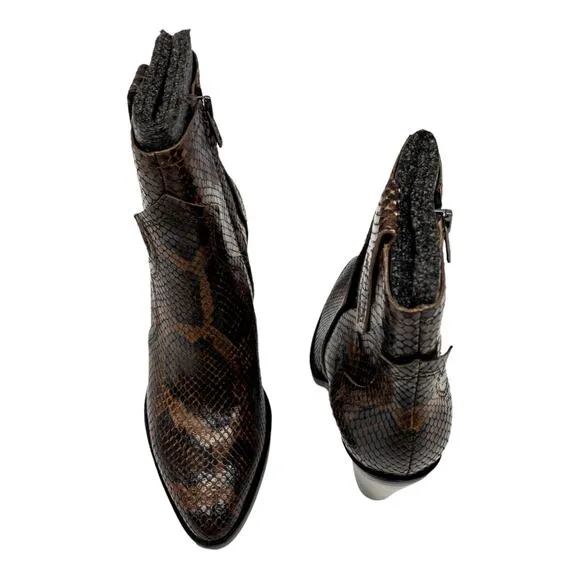 Ash Brown Snake Python Esquire Pointed Toe Leather Block Heel Calf Boots 36 US 5