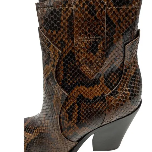 Ash Brown Snake Python Esquire Pointed Toe Leather Block Heel Calf Boots 36 US 5