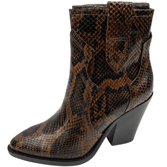 Ash Brown Snake Python Esquire Pointed Toe Leather Block Heel Calf Boots 36 US 5