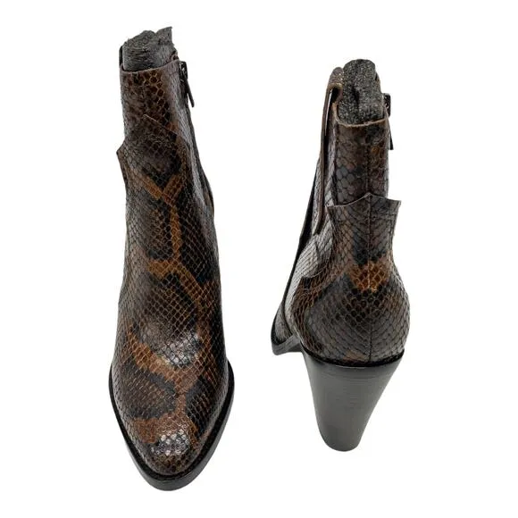 Ash Brown Snake Python Esquire Pointed Toe Leather Block Heel Calf Boots 36 US 5