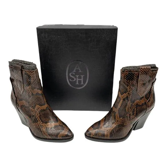 Ash Brown Snake Python Esquire Pointed Toe Leather Block Heel Calf Boots 36 US 5