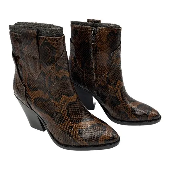 Ash Brown Snake Python Esquire Pointed Toe Leather Block Heel Calf Boots 36 US 5