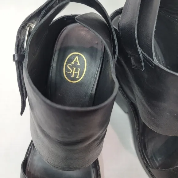 ASH Rider Wedge Black Leather Sandals Size 39
