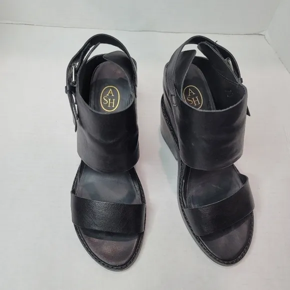 ASH Rider Wedge Black Leather Sandals Size 39