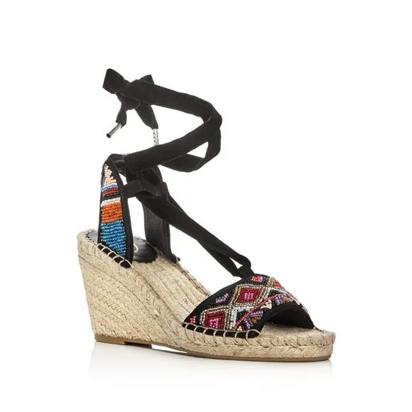 ASH Womens Black 1&quot; Platform Beaded Paola Round Toe Wedge Espadrille Shoes 40