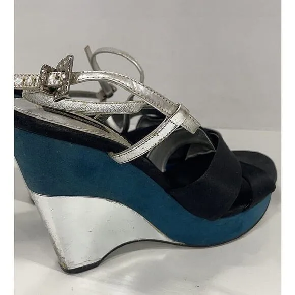 Auth Louis Vuitton Black Satin Silver Leather Teal Suede Wedge Heels EU 38 US 8
