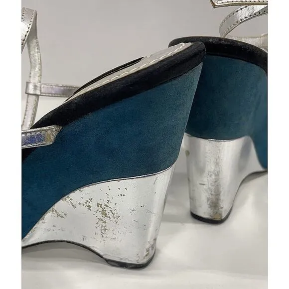 Auth Louis Vuitton Black Satin Silver Leather Teal Suede Wedge Heels EU 38 US 8