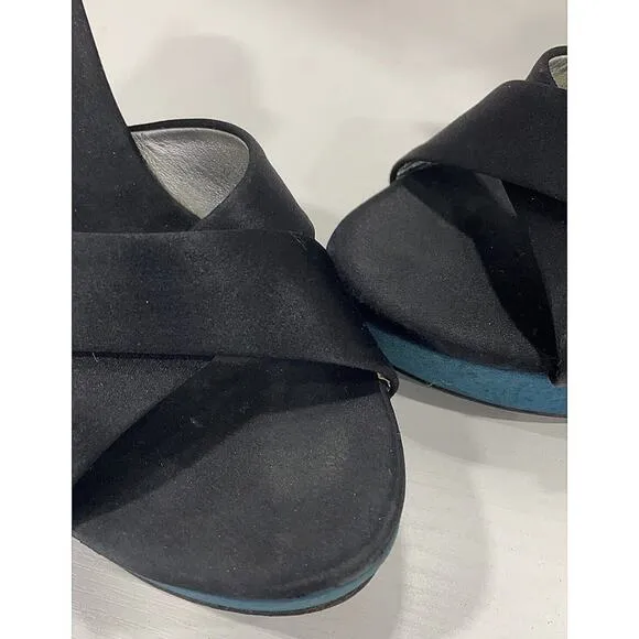 Auth Louis Vuitton Black Satin Silver Leather Teal Suede Wedge Heels EU 38 US 8