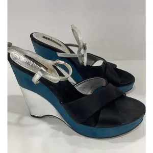 Auth Louis Vuitton Black Satin Silver Leather Teal Suede Wedge Heels EU 38 US 8