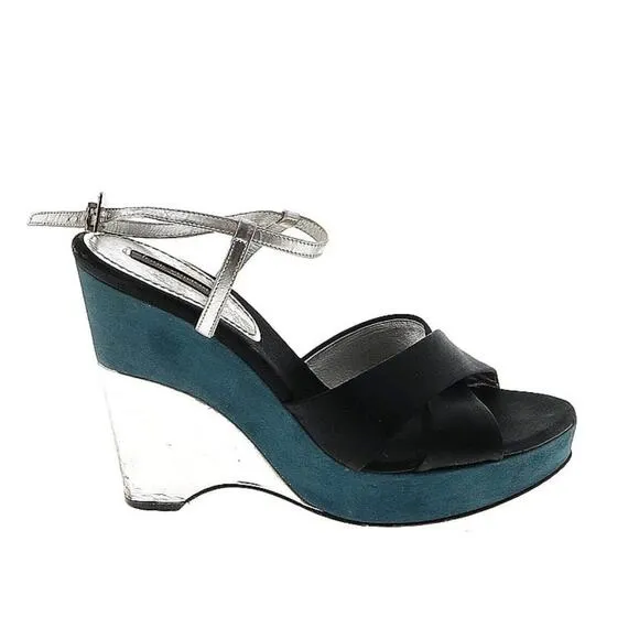 Auth Louis Vuitton Black Satin Silver Leather Teal Suede Wedge Heels EU 38 US 8