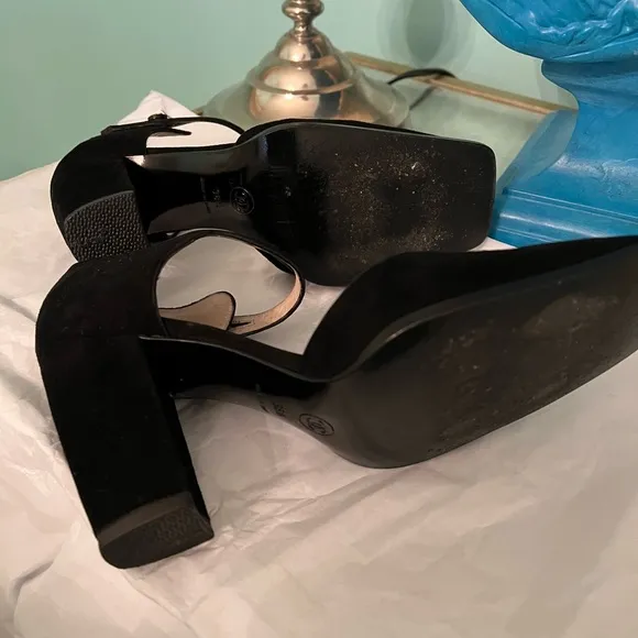 Authentic Chanel suede heels with strap.