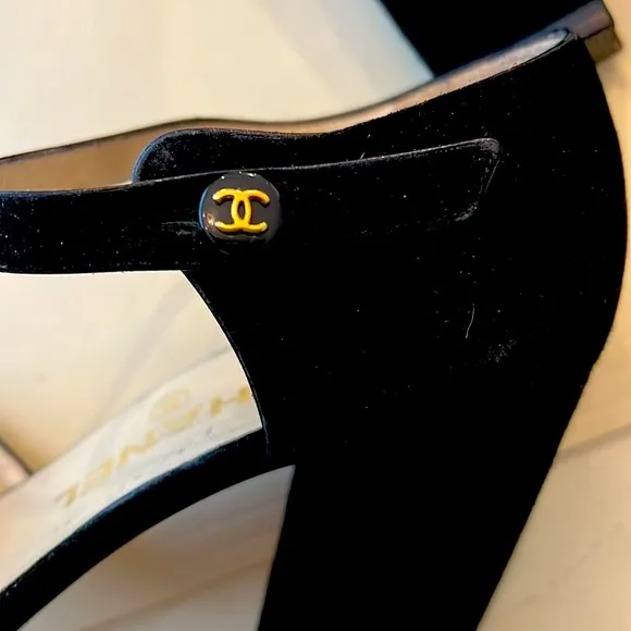 Authentic Chanel suede heels with strap.