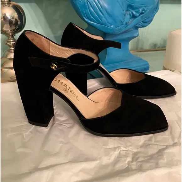 Authentic Chanel suede heels with strap.