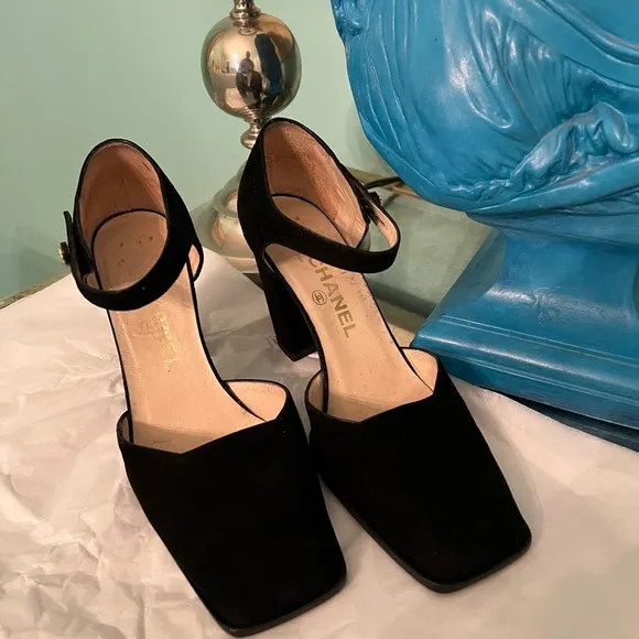 Authentic Chanel suede heels with strap.