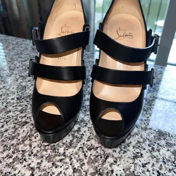 AUTHENTIC Christian Louboutin Black Peep-Toe Heels. Size 38.5