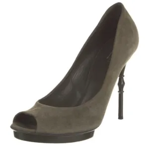 Authentic GUCCI Bamboo Stiletto Platform Heel Peep Toe Military Green Suede  39