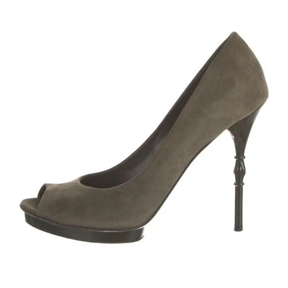Authentic GUCCI Bamboo Stiletto Platform Heel Peep Toe Military Green Suede  39