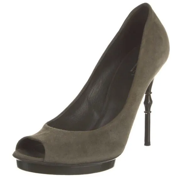 Authentic GUCCI Bamboo Stiletto Platform Heel Peep Toe Military Green Suede  39