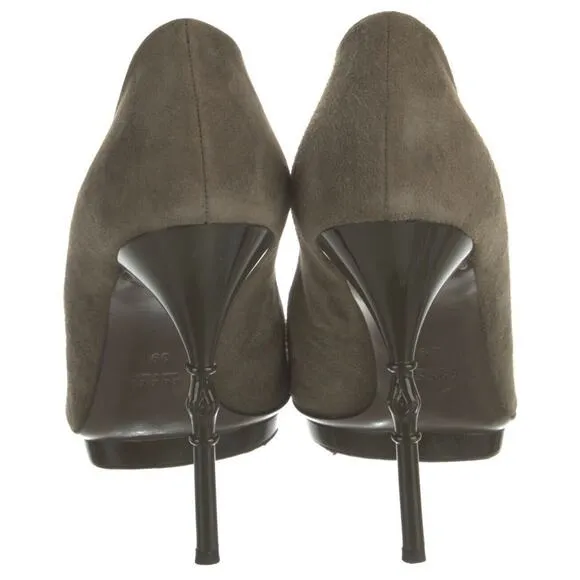 Authentic GUCCI Bamboo Stiletto Platform Heel Peep Toe Military Green Suede  39