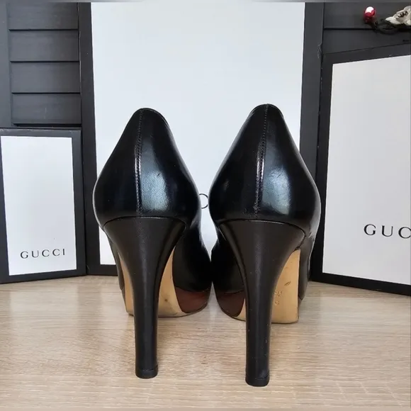 Authentic GUCCI Black Leather Horsebit Open Toe Platform Heels Sz: 39.5 US9.5