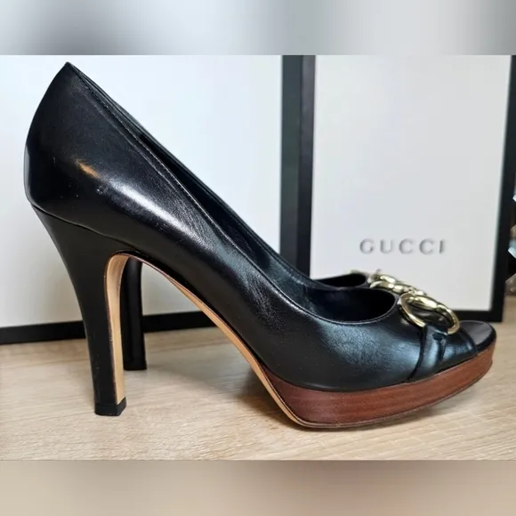Authentic GUCCI Black Leather Horsebit Open Toe Platform Heels Sz: 39.5 US9.5