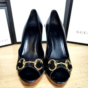 Authentic GUCCI Black Leather Horsebit Open Toe Platform Heels Sz: 39.5 US9.5