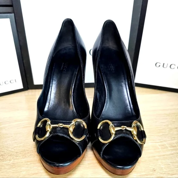 Authentic GUCCI Black Leather Horsebit Open Toe Platform Heels Sz: 39.5 US9.5