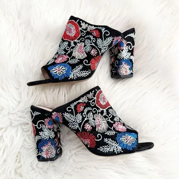 AVEC LES FILLES | Margaux Embroidered Block Heel Slides Sandals Floral | 6.5
