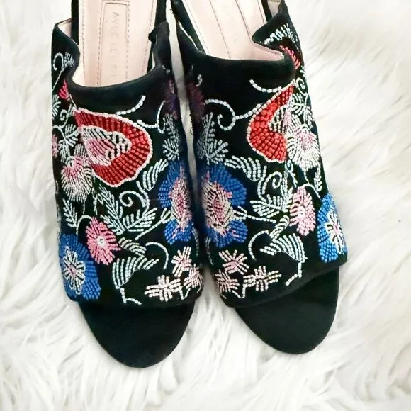 AVEC LES FILLES | Margaux Embroidered Block Heel Slides Sandals Floral | 6.5