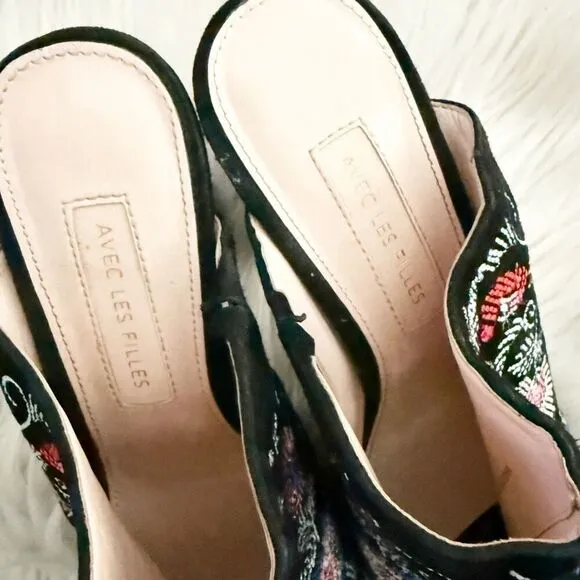 AVEC LES FILLES | Margaux Embroidered Block Heel Slides Sandals Floral | 6.5